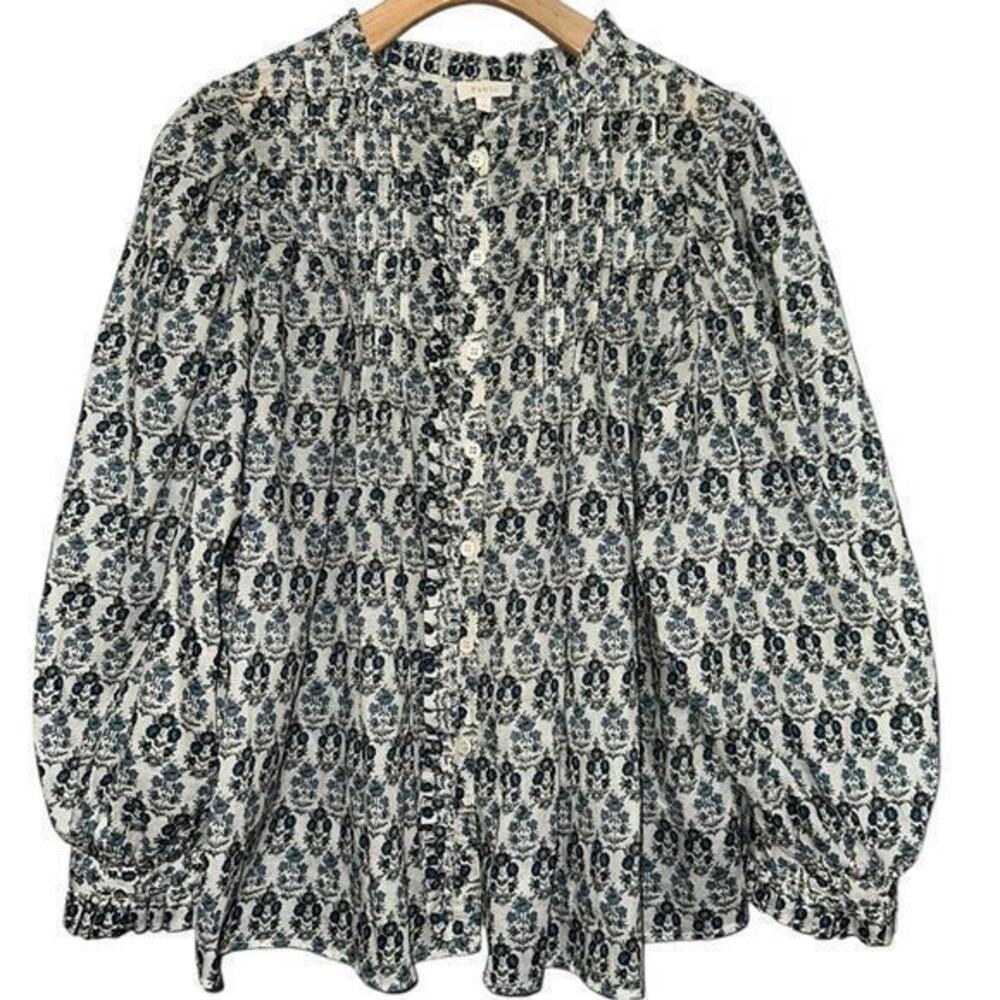 Pablo Women’s Size 2 M Cream Blue Floral Gauzy Cotton Top Shirt